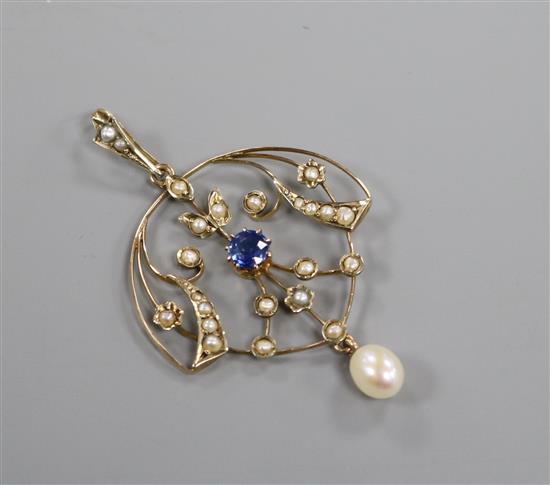 An Edwardian 9ct gold, sapphire and seed pearl set drop pendant, 36mm.